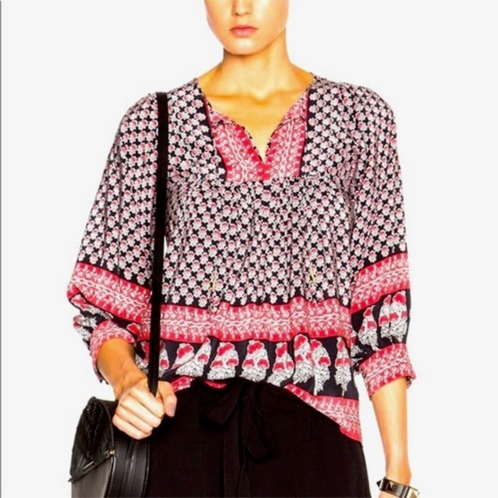 Ulla Johnson 100% Silk Pink Black Floral Print Boho Peasant Blouse